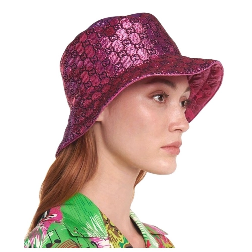 Gucci Reversible Bucket Hat Fuchsia Pink Metallic GG Monogram Floral 697361 M